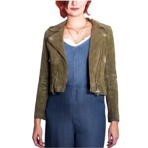 BLANK NYC- Genuine Suede Olive Green Moto Biker Jacket Size XS Missing Belt